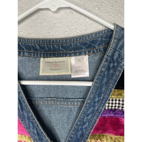 Vtg 90's Y2K Susan Bristol Denim Button Down Colorful Artsy Floral Vest Indie XL - Picture 3 of 9